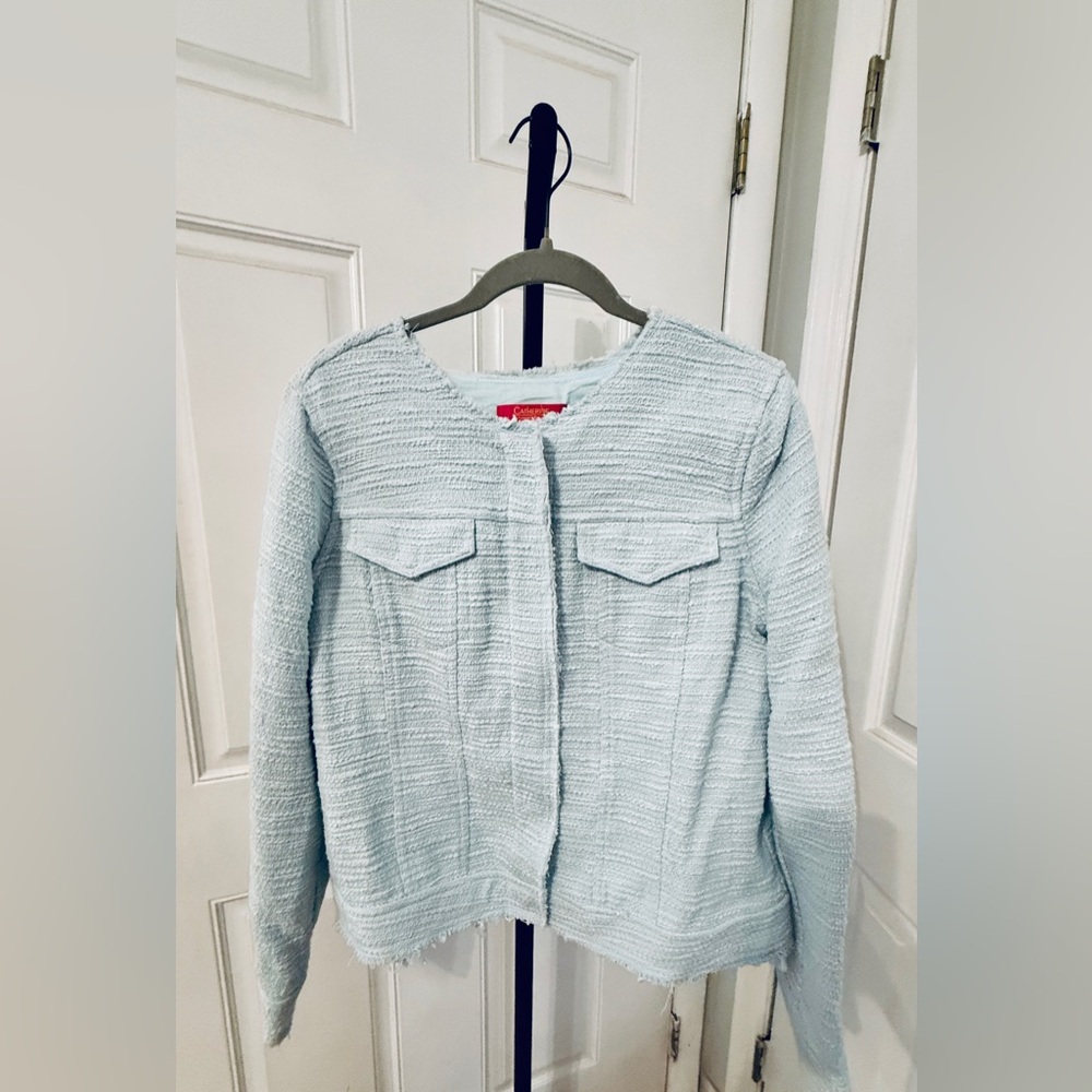 Catherine Malandrino Baby Blue Textured Blazer with Distressed‎ Details